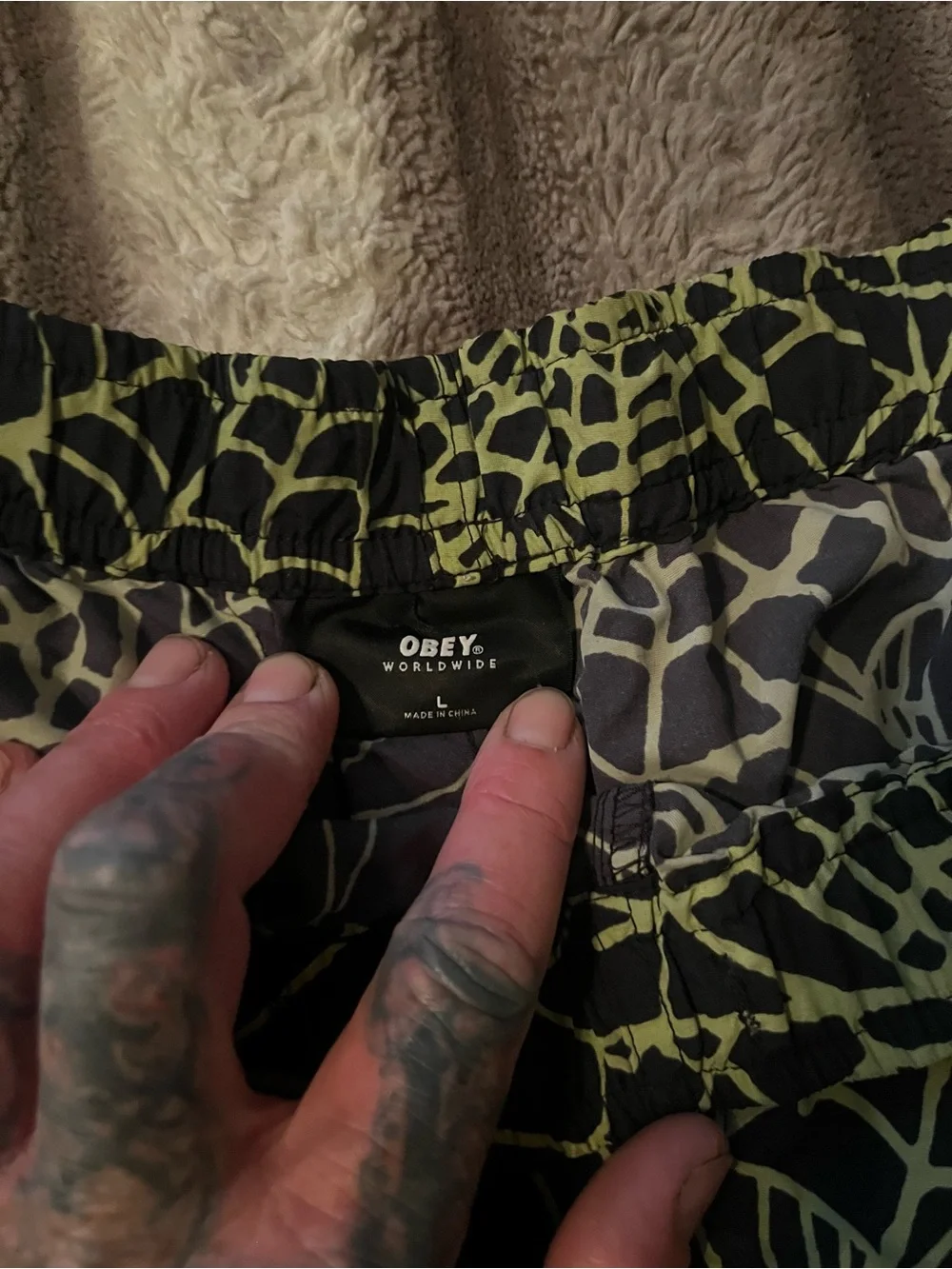 Obey Black Shorts with Neon Green Spiderweb Print